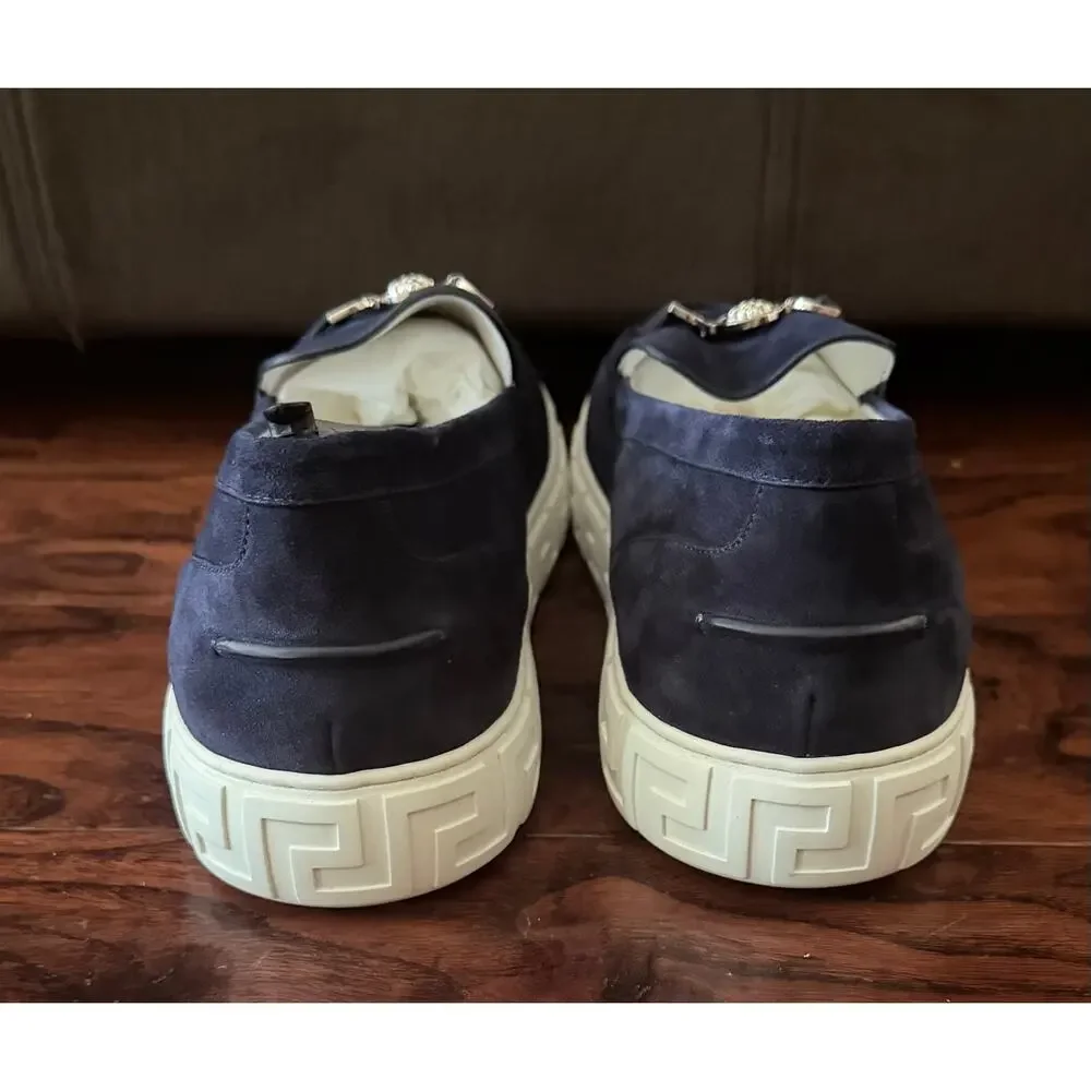 $925 NIB Versace Medusa 95 Greca Suede Loafers Navy Men's EU 46 US 13